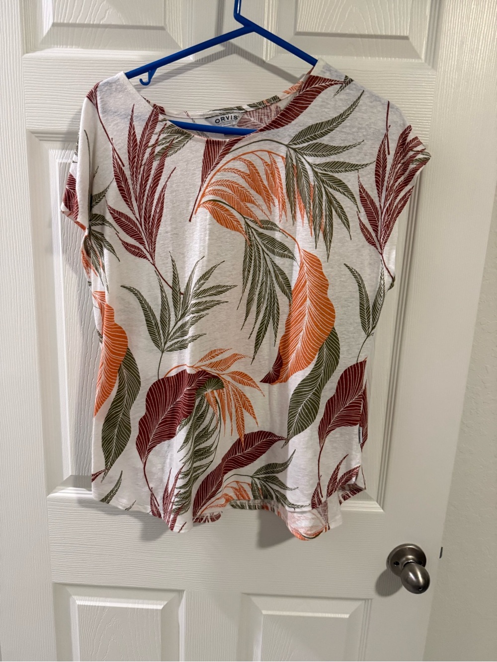 Orvis White Short Sleeve Tee with Green and Orange Leaf Print